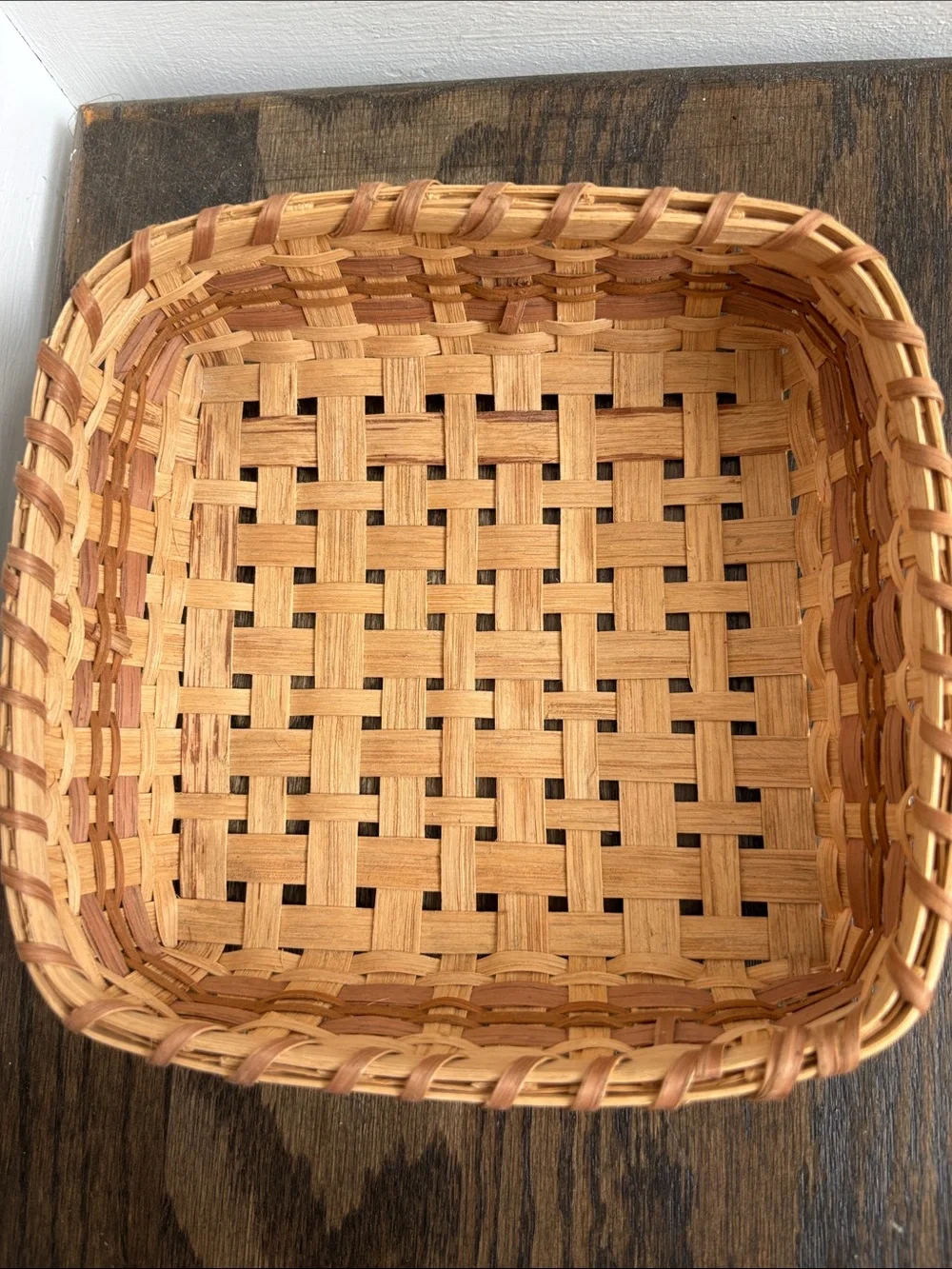 Handwoven square 2 tone basket, tan/brown, lightweight